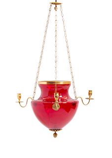 A Baltic bronze and ruby glass chandelier