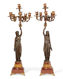 Pair French bronze & marble figural candelabra
