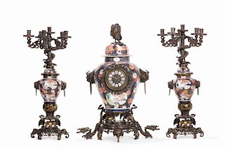 French bronze and Japanese Imari clock garniture