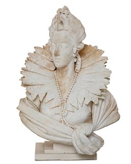 A carved white marble bust of Queen Isabella