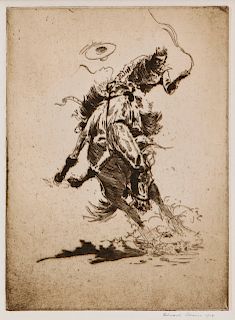 Edward Borein. etching, chine colle, Bronco Buster