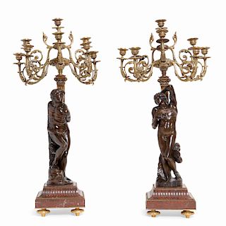 Pair French bronze figural candelabra, Barbedienne
