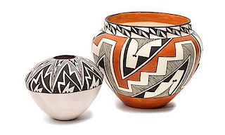 Two Contemporary Acoma Pots Height of largest 9 x diameter 10 1/2 inches.