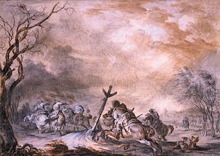 JEAN BAPTISTE LE PAON (c. 1736-c. 1785) 
French Dragoons Attacking Prussian Hussars, circa 1756 
Brown and grey watercolor wash, hei...