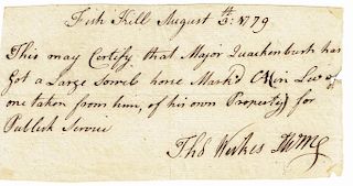 BRANDING OF CONTINENTAL ARMY HORSES 

Thomas Werkes, ADS, 1 p., 4 x 7.5 inches, dated “Fish Kill [New York] August 3rd: 1779”. Werke...