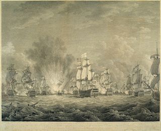 1780 NAVAL BATTLE OF CAPE VINCENT 

[inscribed in legend below scene] “To Sr. G. B. RODNEY, Bart., ADML. of the WHITE & Kt. of the M...