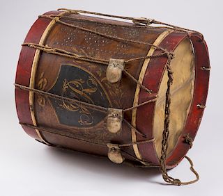MID-18TH CENTURY BRITISH REGIMENTAL DRUM 
With wooden shell painted with a dark blue (almost black) shield bearing the cipher ‘IR’ a...