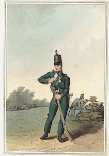 RICHARD HAVELL after GEORGE WALKER 
Rifleman of the North York Militia Regiment, c. 1814 (detail)
Hand-colored, aquatint engraving, ...