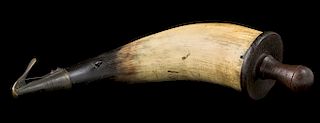 ORDNANCE POWDER HORN FOR LIGHT INFANTRY AND RIFLE TROOPS, 1771-1784 

Cow’s horn body closed by a turned oak, butt plug with threade...