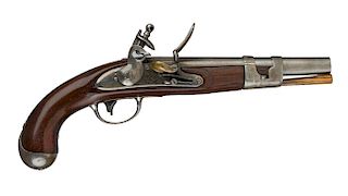 A FLINTLOCK US NAVY MODEL 1813 BOARDING PISTOL 

Round, plain, smoothbore barrel of 9 in. L and 0.69 caliber bore, with “P/US” on le...