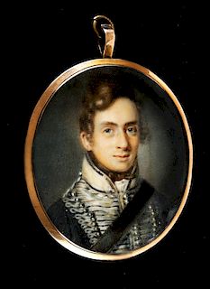 ATTRIBUTED TO JOHN COMERFORD (1770-1832) 
Miniature of Lt. William Rhodes 19th Light Dragoons, 1810
watercolor, 2 7/8 x 2 3/8 in. ov...