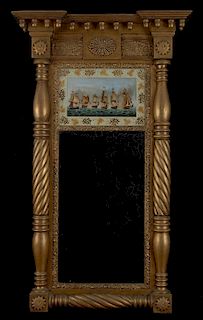 ‘BATTLE OF LAKE ERIE’ FEDERAL GILTWOOD AND EGLOMISE MIRROR 

The reeded cornice with outset corners mounted with acorn spherules, ab...