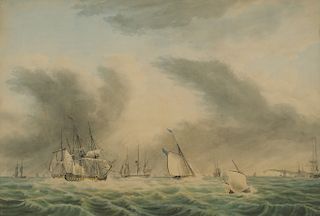 LIEUTENANT THOMAS YATES (1760-1796) 
Royal Navy Frigates and a Cutter in a Stiff Breeze off Dover 
watercolor, ink and graphite on p...