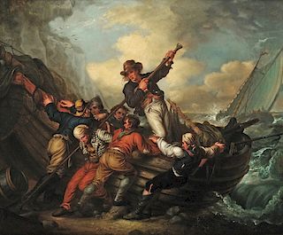 MATHER BROWN (American-British, 1761-1831) 
Smugglers Pushing Off Their Boat, c. 1805 
oil on canvas, 37 x 30 ½ inches; signed ‘Math...