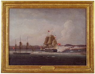 PERUVIAN NAVY ATTACKS GUAYAQUIL 1828 

UNKNOWN ARTIST, ANGLO-AMERICAN SCHOOL, c.1830 
The Bombardment of Guayaquil, 24 November 1828...