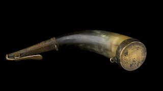 BRITISH ROYAL ARTILLERY PRIMING HORN 
Overall length: 8 1/2 in.; length of spout: 2 5/8 in.; diameter of base: 1 1/2 in.; length of ...