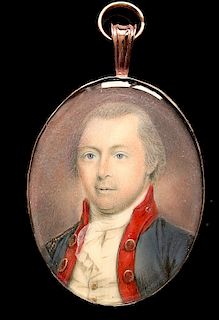 JAMES PEALE (1749-1831)
American Captain of Artillery, 1789
watercolor, 1¾ x 1½ inches, initialed and dated: ‘IP/1789’; within origi...