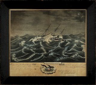 CONSTANTINE SMITH (American, fl. 1827) 
Representation of the United States ship ERIE in a Hurricane… 
Mixed media on paper, 22 x 18...