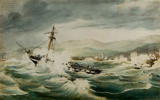 Attributed to GEORGE HATHORN (1803-1869) 
HMS Orestes cutting away her foremast in a gale off Barcelona 
watercolor on paper, 13 x 2...