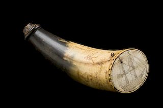 SCRIMSHAW POWDER HORN OF WHALER JAMES BATES, 1838 

A handsome and whimsical horn inscribed ‘JAMES S. Bates / February 1. 1838’” in ...
