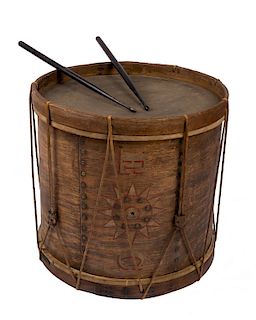 19TH C. OHIO FIRE COMPANY PARADE DRUM 

An 19th century American snare drum with period sheepskin heads, original hemp ropes and lea...