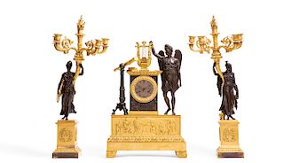 An Empire  three piece figural clock garniture