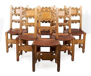 A Set of Twelve American Carved Wood Dining Chairs Height of armchairs 42 1/2 x width 22 1/2 x depth 23 inches.