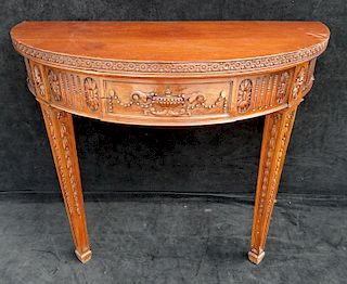 MAHOGANY DEMI LUNE CONSOLE WITH URN MOTIF 