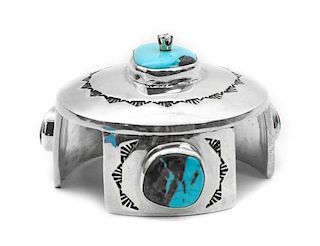 A Navajo Silver, Turquoise and Diamond Article Height 1 5/8 x diameter 2 3/8 inches.