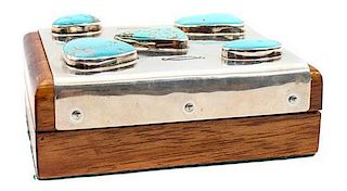 A Navajo Silver, Turquoise and Wood Box, Edison Begay Height 1 7/8 x width 4 3/4 x depth 3 3/4 inches.