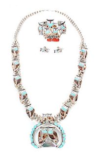 A Zuni Three Piece Necklace, Bracelet and Earring Set Length of necklace 28 inches; naja 2 1/2 inches.