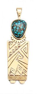 A Hopi 14 Karat Gold, Silver and Lander or Red Mountain Turquoise Pendant, Watson Honanie Height 2 6/8 inches.