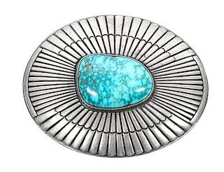 A Navajo Silver and Turquoise Brooch, Lee Yazzie Height 2 1/4 x width 2 7/8 inches.