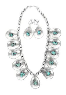 A Silver and Turquoise Beaded Necklace Length of necklace 15 inches.