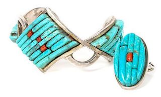 A Navajo Silver and Turquoise Bracelet and Ring, Pete Sierra Length of first 5 1/4 x opening 1 1/4 x width 1 1/2 inches.