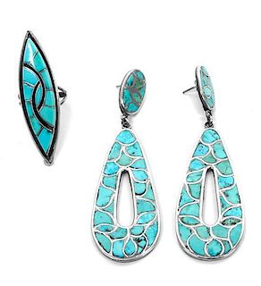A Pair of Silver and Turquoise Channel Inlay Dangle Earrings Length of earrings 3 1/2 inches.
