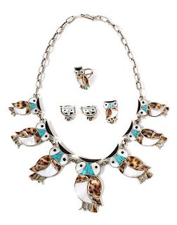 A Southwestern Silver, Turquoise, Jet, Shell and Mother of Pearl Three Piece Set Length of necklace 16 1/2 inches.