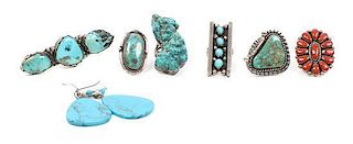 A Group of Six Southwestern Style Rings in Turquoise and Coral