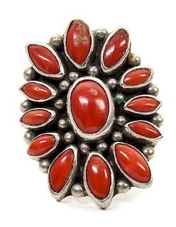 A Southwestern Silver and Coral Ring Height of ring 1 3/8 inches.