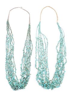 Two Multi-Strand Turquoise Nugget Necklaces Length of each 33 inches.