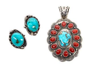 A Southwestern Silver, Turquoise and Coral Pendant Height of pendant 3 1/2 inches.
