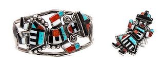 A Zuni Mosaic Rainbow Man Bracelet and Ring Length 5 1/4 x opening 1 x width 1 1/4 inches.