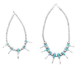 Two Southwestern Silver and Turquoise Necklaces Length of first 23 inches.