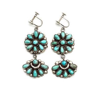 A Pair of Zuni Silver and Turquoise Cluster Earrings Length 2 inches.