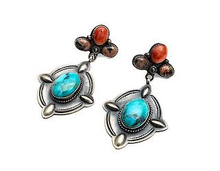 A Pair of Navajo Silver, Turquoise and Colored Stone Earrings, Henry Morgan Length 2 3/8 inches.