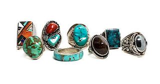 Eight Southwestern Silver and Turquoise Rings