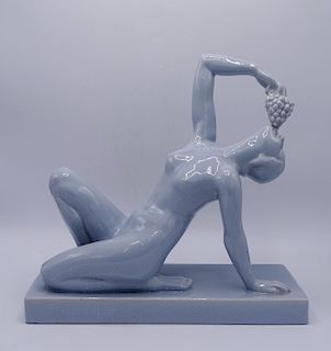 CERAMIC ART DECO SCULPTURE OF A WOMAN WITH GRAPES 