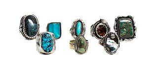 Eight Southwestern Silver and Turquoise Rings