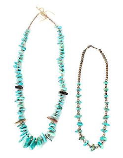 Two Southwestern Style Turquoise Necklaces Length 26 inches.