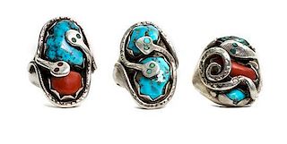 Two Turquoise and Coral Rings, Effie Calavaza